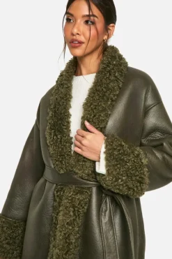 Up To 80% Off Winter Warmers|Teddy Jackets*boohoo Teddy Trim Belted Faux Leather Coat khaki