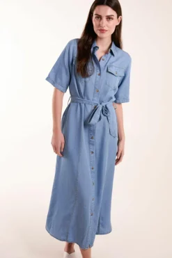 Shirt Dresses*Blue Vanilla Tencel Button Front Midi Shirt Dress Blue