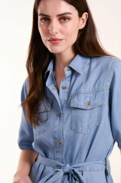 Shirt Dresses*Blue Vanilla Tencel Button Front Midi Shirt Dress Blue