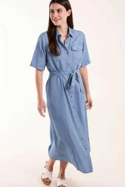 Shirt Dresses*Blue Vanilla Tencel Button Front Midi Shirt Dress Blue