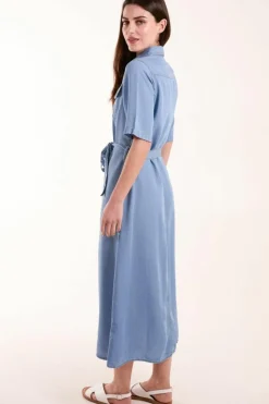Shirt Dresses*Blue Vanilla Tencel Button Front Midi Shirt Dress Blue