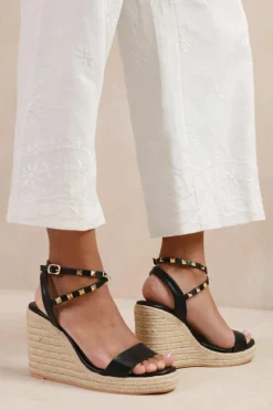 Wedges*Where's That From Texas' Cross Over Ankle Strap With Studd Detail Espadrille Wedges Black