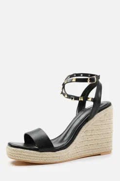 Wedges*Where's That From Texas' Wide Fit Cross Over Ankle Strap With Studd Detail Espadrille Wedges Black