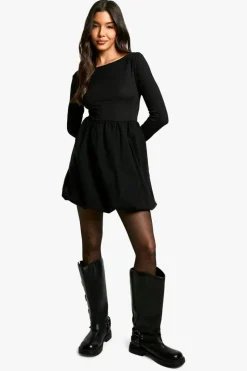 Skater Dresses*boohoo Texture Long Sleeve Volume Skirt Mini Dress black