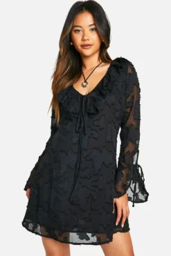 Skater Dresses*boohoo Textured Flare Sleeve Skater black