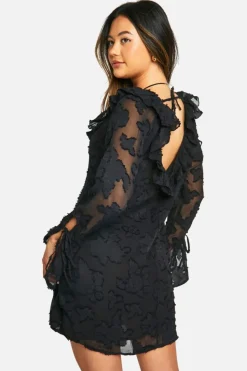 Skater Dresses*boohoo Textured Flare Sleeve Skater black