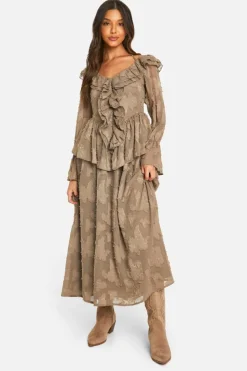 Bodycon Dresses|Maxi Dresses*boohoo Textured Ruffle Front Midaxi Dress neutral