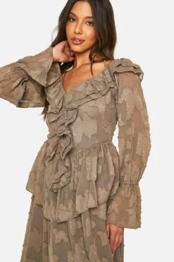 Bodycon Dresses|Maxi Dresses*boohoo Textured Ruffle Front Midaxi Dress neutral
