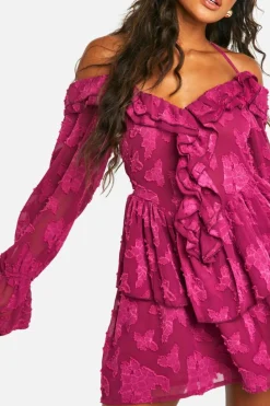 Skater Dresses*boohoo Textured Ruffle Front Skater Dress plum