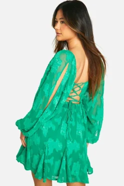 Skater Dresses*boohoo Textured Ballon Sleeve Tie Back Skater green