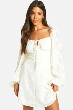 Skater Dresses*boohoo Textured Balloon Sleeve Milkmaid Mini Dress cream