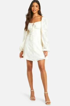 Skater Dresses*boohoo Textured Balloon Sleeve Milkmaid Mini Dress cream