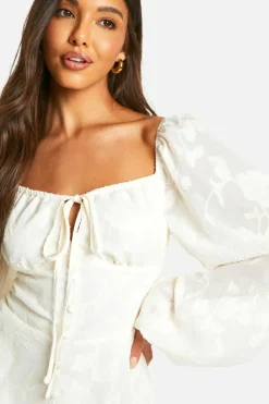 Skater Dresses*boohoo Textured Balloon Sleeve Milkmaid Mini Dress cream
