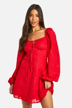 Skater Dresses*boohoo Textu Balloon Sleeve Milkmaid Mini Dress red