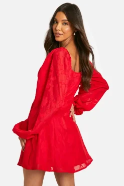 Skater Dresses*boohoo Textu Balloon Sleeve Milkmaid Mini Dress red