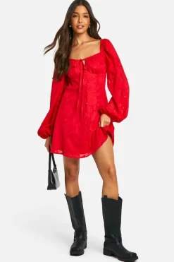 Skater Dresses*boohoo Textu Balloon Sleeve Milkmaid Mini Dress red