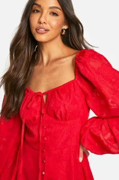 Skater Dresses*boohoo Textu Balloon Sleeve Milkmaid Mini Dress red