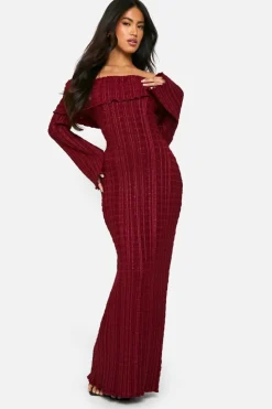Maxi Dresses|Long Sleeve Dresses*boohoo Textured Bardot Maxi Dress wine