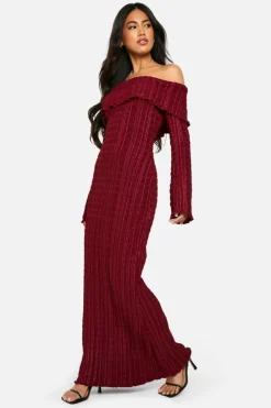 Maxi Dresses|Long Sleeve Dresses*boohoo Textured Bardot Maxi Dress wine