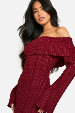 Maxi Dresses|Long Sleeve Dresses*boohoo Textured Bardot Maxi Dress wine