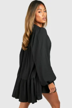 Smock Dresses*boohoo Textured Blouson Sleeve Mini Smock Dress black