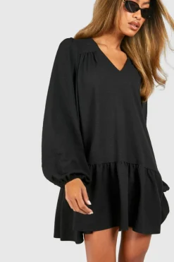 Smock Dresses*boohoo Textured Blouson Sleeve Mini Smock Dress black