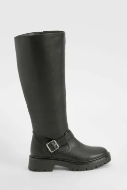 Over The Knee Boots|Chunky Boots*boohoo Textured Buckle Detail Chunky Knee High Boot black