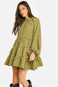 Smock Dresses*boohoo Textured Check Smock Dress green