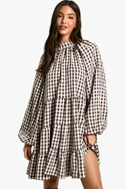 Smock Dresses*boohoo Textured Check Smock Dress brown