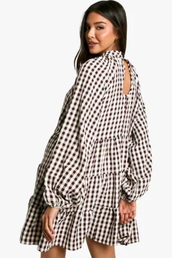 Smock Dresses*boohoo Textured Check Smock Dress brown