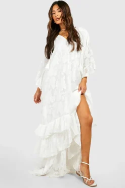 Smock Dresses*boohoo Textured Chiffon Ruffle Detail Maxi Dress cream
