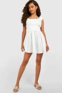 Smock Dresses*boohoo Textured Cotton Shirred Dress white