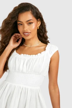 Smock Dresses*boohoo Textured Cotton Shirred Dress white