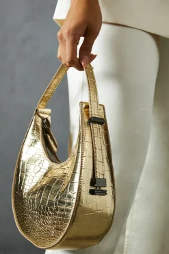Handbags*MissPap Textured Croc Print Faux Leather Grab Bag gold