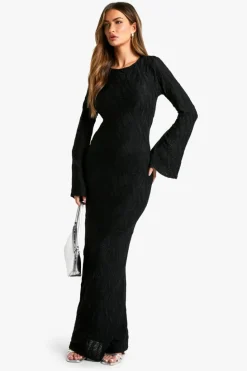 Maxi Dresses|Long Sleeve Dresses*boohoo Textured Flare Sleeve Maxi Dress black