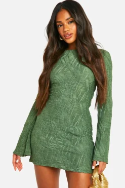Mini Dresses|Long Sleeve Dresses*boohoo Textured Flare Sleeve Mini Dress green