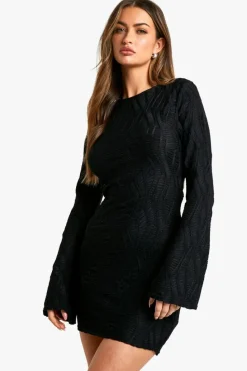 Mini Dresses|Long Sleeve Dresses*boohoo Textured Flare Sleeve Mini Dress black