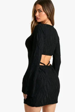 Mini Dresses|Long Sleeve Dresses*boohoo Textured Flare Sleeve Mini Dress black