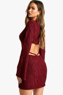 Mini Dresses|Long Sleeve Dresses*boohoo Textured Flare Sleeve Mini Dress wine