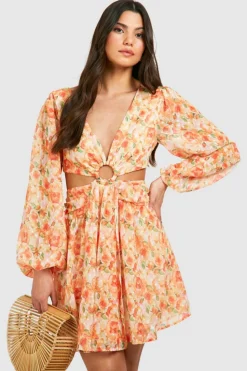 Smock Dresses*boohoo Textured Floral Cut Out Ring Detail Mini Dress orange