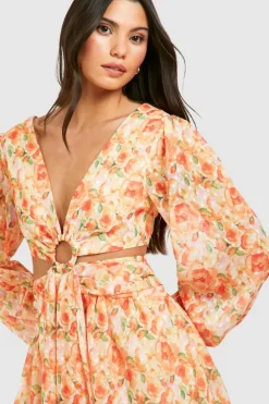 Smock Dresses*boohoo Textured Floral Cut Out Ring Detail Mini Dress orange