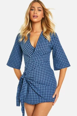 Wrap Dresses*boohoo Textured Gingham Wrap Dress blue
