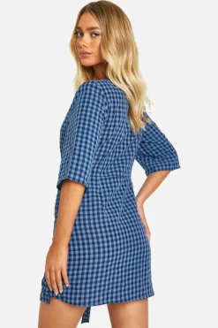 Wrap Dresses*boohoo Textured Gingham Wrap Dress blue