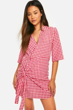 Wrap Dresses*boohoo Textu Gingham Wrap Dress red