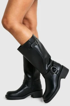 Over The Knee Boots|Knee High Boots*boohoo Textured Harness Detail Biker Knee High Boot black