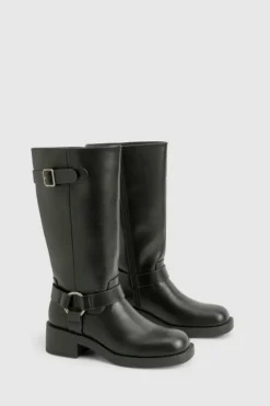 Over The Knee Boots|Knee High Boots*boohoo Textured Harness Detail Biker Knee High Boot black