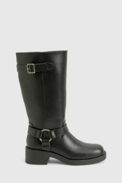 Over The Knee Boots|Knee High Boots*boohoo Textured Harness Detail Biker Knee High Boot black