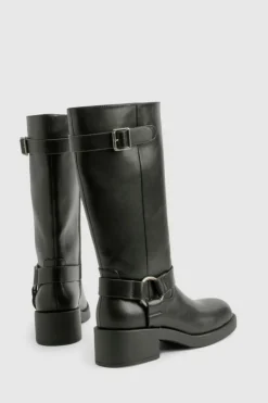 Over The Knee Boots|Knee High Boots*boohoo Textured Harness Detail Biker Knee High Boot black