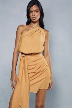 Blazer Dresses*MissPap Textured Linen Look Drape Detail Mini Dress mocha