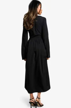 Skater Dresses*boohoo Textured Long Sleeve Milkmaid Midaxi Dress black